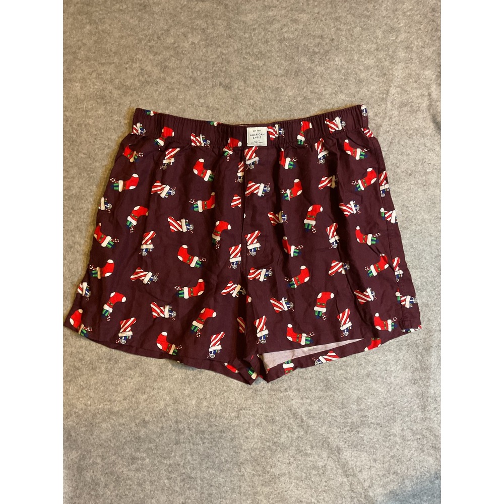 American Eagle Mens Flannel Boxer Shorts Large Burgundy Christmas Stocking Print